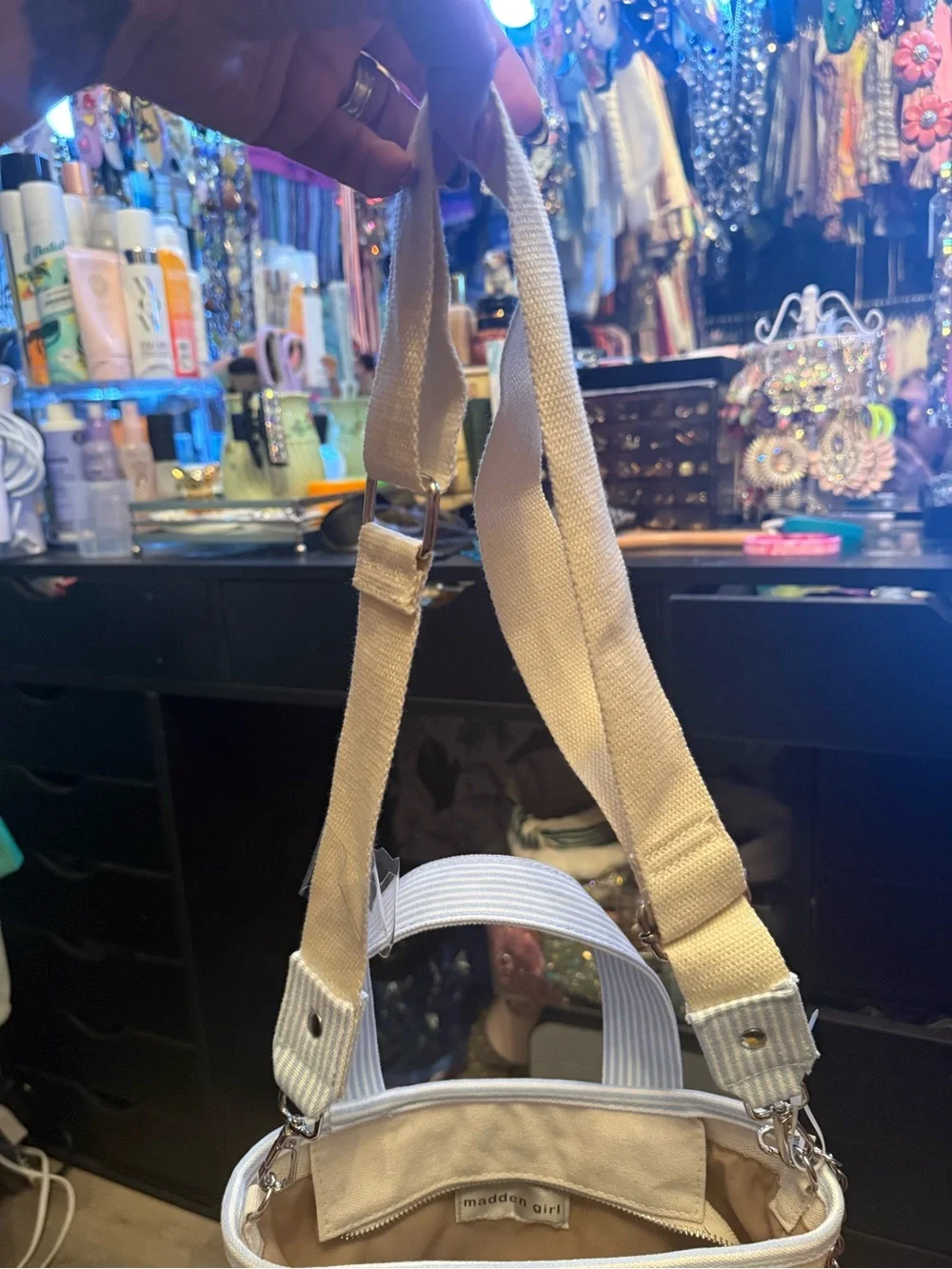 Madden Girl Cream Canvas Tote with Light Blue Striped Handles - Picture 5 of 14